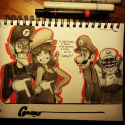 Rule 34 | 1girl, 3boys, cheating (relationship), couple, crying, earrings, english text, closed eyes, facial hair, flower in mouth, gloves, grin, hand gesture, hand on own hip, hat, highres, jewelry, laughing, long hair, looking at another, looking at viewer, luigi, mario (series), mouth hold, multiple boys, mustache, narrowed eyes, netorare, nintendo, omar dogan, open mouth, outline, overalls, photo (medium), pointing, pointing down, princess daisy, signature, sketchbook, smile, super mario land, traditional media, waluigi, wario