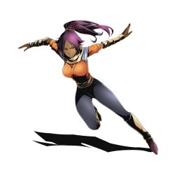Rule 34 | 10s, 1girl, black pants, bleach, dark skin, dark-skinned female, divine gate, floating hair, full body, hair ribbon, leg up, long hair, looking at viewer, official art, orange shirt, outstretched arms, pants, ponytail, purple hair, red ribbon, ribbon, scarf, shadow, shihouin yoruichi, shirt, smile, solo, transparent background, ucmm, yellow eyes