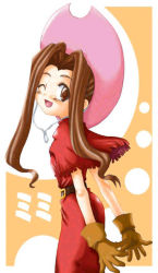 Rule 34 | 1girl, ass, belt, brown eyes, brown hair, child, cowboy hat, digimon, digimon adventure, dress, from side, gloves, hat, looking at viewer, looking back, one eye closed, pink hat, red dress, redking, short cape, solo, stampede string, standing, tachikawa mimi, wink
