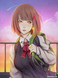 Rule 34 | 1girl, absurdres, bad id, bad pixiv id, bag, bookbag, brown hair, commentary, english commentary, hair ornament, hairclip, highres, liya nikorov, long sleeves, looking to the side, mole, mole under eye, original, parted lips, school uniform, shooting star, short hair, sky, solo, star (sky), starry sky, twitter username, yellow eyes