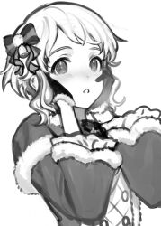 Rule 34 | 1girl, bell, blush, bow, bowtie, buttons, capelet, commentary request, fur-trimmed capelet, fur-trimmed gloves, fur-trimmed sleeves, fur trim, gloves, greyscale, hair bow, hands on own cheeks, hands on own face, hands up, idolmaster, idolmaster million live!, idolmaster million live! theater days, long sleeves, looking at viewer, makabe mizuki, mimizubare, monochrome, official alternate costume, parted lips, short hair, sidelocks, solo, wavy hair, white background