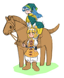 Rule 34 | 2girls, animal, animal ears, apron, arm ribbon, belt, black eyes, blonde hair, blue belt, blue hair, blue ribbon, blush, boots, bow, brown footwear, closed mouth, double bun, dress, dress bow, grass, green apron, green headwear, green scarf, hair between eyes, hair bun, hair ribbon, hand up, haniwa (statue), haniyasushin keiki, highres, horse, horse ears, horse tail, joutouguu mayumi, long hair, looking to the side, multiple girls, pants, pocket, puffy short sleeves, puffy sleeves, red bow, ribbon, scarf, shirt, short hair, short sleeves, simple background, sitting, sketch, smile, standing, staygold, tail, touhou, white background, white pants, white ribbon, white shirt, yellow dress, yellow eyes