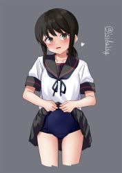 Rule 34 | 1girl, black eyes, black hair, blue hair, blue sailor collar, blue skirt, blue one-piece swimsuit, blush, breasts, covered navel, cowboy shot, embarrassed, fubuki (kancolle), highres, ishida arata, kantai collection, looking at viewer, one-piece swimsuit, sailor collar, school swimsuit, short sleeves, sidelocks, skirt, small breasts, smile, solo, sweatdrop, swimsuit, swimsuit under clothes