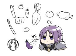 Rule 34 | 1girl, armor, bad id, bad pixiv id, boned meat, braid, carrot, chibi, closed mouth, cropped torso, daikon, eggplant, food, fruit, highres, ichiren namiro, jitome, jun (princess connect!), meat, parted bangs, pauldrons, princess connect!, pumpkin, purple eyes, purple hair, radish, shoulder armor, simple background, solo, spring onion, tomato, upper body, vs, watermelon, white background