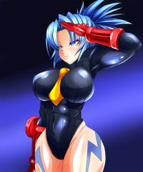 Rule 34 | 1girl, blue eyes, blue hair, breasts, cammy white, cammy white (cosplay), cosplay, curvy, female focus, highres, large breasts, leona heidern, leotard, salute, shiny skin, solo, standing, street fighter, the king of fighters, thick thighs, thighs, wide hips