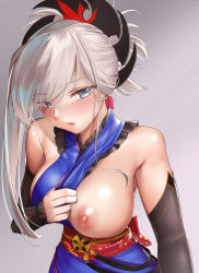 Rule 34 | 1girl, blue eyes, blue kimono, blush, breasts, detached sleeves, fate/grand order, fate (series), hair ornament, highres, japanese clothes, kariza, kimono, large breasts, long hair, looking at viewer, miyamoto musashi (fate), miyamoto musashi (first ascension) (fate), nipples, obi, one breast out, pink hair, ponytail, sash, short kimono, sleeveless, sleeveless kimono, solo, swept bangs