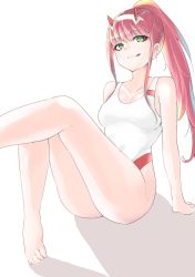 Rule 34 | 10s, 1girl, bare arms, bare legs, barefoot, breasts, cleavage, darling in the franxx, full body, green eyes, half-closed eyes, highres, horns, legs, licking lips, long hair, makeup, mascara, medium breasts, pink hair, ponytail, shignonpencil, sitting, smile, solo, swimsuit, tongue, tongue out, zero two (darling in the franxx)