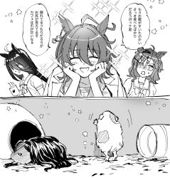 Rule 34 | 2koma, 3girls, agnes tachyon (umamusume), animal ears, bow, bowtie, closed eyes, coat, coat on shoulders, coffee mug, comic, cup, earrings, greyscale, guinea pig, hair between eyes, hair ornament, hairclip, hands on own cheeks, hands on own face, head rest, highres, holding, holding cup, horse ears, horse girl, jewelry, jungle pocket (umamusume), lab coat, long bangs, long hair, manhattan cafe (umamusume), medium hair, messy hair, monochrome, motion lines, mug, multicolored hair, multiple girls, nayuta ggg, notched ear, open mouth, puffy short sleeves, puffy sleeves, sailor collar, sailor shirt, school uniform, shirt, short sleeves, single earring, sketch, smile, sparkle, sparkle background, speech bubble, steam, summer uniform, sweatdrop, tracen school uniform, trait connection, translated, umamusume, upper body, wavy hair, wide-eyed