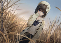 Rule 34 | 1girl, bad id, bad pixiv id, beret, black hair, black skirt, blue bow, blue bowtie, blue eyes, blue sky, blurry, blurry foreground, bow, bowtie, cardigan, collarbone, commentary request, day, depth of field, dutch angle, field, hair between eyes, hair ornament, hairclip, haneru, hat, hat bow, long sleeves, looking at viewer, open cardigan, open clothes, original, parted lips, pleated skirt, school uniform, serafuku, shirt, short hair, signature, skirt, sky, sleeves past wrists, solo, translated, white bow, white hat, white shirt