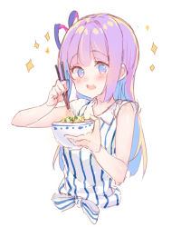 Rule 34 | 1girl, aikatsu!, aikatsu! (series), bare arms, blue eyes, blue hair, bow, bowl, chopsticks, collared shirt, hair ribbon, highres, hikami sumire, holding, holding bowl, holding chopsticks, long hair, makiaato, purple hair, purple ribbon, ribbon, shirt, simple background, sketch, sleeveless, sleeveless shirt, solo, sparkle, striped bow, striped clothes, striped shirt, two side up, upper body, vertical-striped clothes, vertical-striped shirt, very long hair, white background, white bow, white shirt