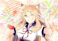 Rule 34 | 1girl, animal ears, blush, breasts, double v, emotional engine - full drive, fate/extra, fate/extra ccc, fate/extra ccc fox tail, fate/grand order, fate (series), firework background, floral background, fox ears, fox girl, grin, hair between eyes, hands up, koharu biyori (monadox), light brown hair, long hair, looking at viewer, medium breasts, neck ribbon, one eye closed, parody, pink background, red ribbon, red scrunchie, ribbon, scrunchie, shirt, short sleeves, sidelocks, smile, solo, star (symbol), suzuka gozen (fate), v, white shirt, wrist scrunchie, yellow eyes