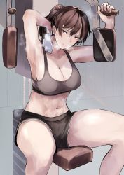 Rule 34 | 1girl, absurdres, breasts, brown hair, cleavage, exercise machine, gym, gym shorts, highres, kyoyakyo, large breasts, midriff, original, short ponytail, shorts, sitting, solo, sports bra, steam, towel, tsurime