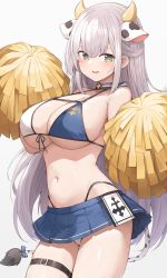 Rule 34 | 1girl, animal ears, bikini, blue bikini, blue skirt, breasts, cheerleader, chest strap, choker, cleavage, cow ears, cow girl, cow horns, green eyes, heart, heart-shaped pupils, highres, hololive, horns, large breasts, long hair, looking at viewer, mole, mole on breast, mou tama maru, panties, pom pom (cheerleading), shirogane noel, shirogane noel (summer 2020), skirt, solo, swimsuit, symbol-shaped pupils, thigh strap, underwear, virtual youtuber, white panties