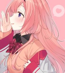 Rule 34 | 1girl, black shirt, blush, bow, bowtie, brown jacket, from side, hairband, hand up, heart, highres, jacket, long hair, long sleeves, nekoume, nijisanji, off-shoulder jacket, off shoulder, outline, pink background, pink hair, profile, purple eyes, red bow, red bowtie, school uniform, shirt, sideways mouth, smile, solo, spoken heart, suo sango, suo sango (1st costume), upper body, virtual youtuber, white jacket, wing collar