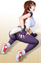 Rule 34 | 1girl, ass, bad source, braid, breasts, brown eyes, brown hair, clothes lift, dougi, fatal fury, fingerless gloves, gloves, hand on floor, hand on own hip, headband, kneeling, large breasts, long hair, looking at viewer, mokkouyou bond, open mouth, pantyhose, purple pantyhose, red headband, ryuuko no ken, shiny skin, shoes, simple background, single braid, sneakers, snk, solo, spandex, the king of fighters, yuri sakazaki