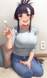 Rule 34 | 1girl, black legwear, blue shirt, blush, breasts, brown eyes, brown nails, commentary request, denim, elder cousin (igarashi kyouhei), electrical outlet, folded hair, highres, igarashi kyouhei, indoors, lap pillow invitation, large breasts, looking at viewer, mimikaki, open mouth, original, pants, pillow, purple hair, shirt, sidelocks, sitting