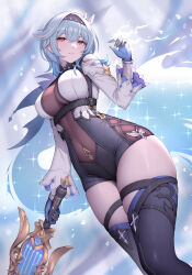 Rule 34 | 1girl, absurdres, black hairband, blue hair, breasts, cape, closed mouth, covered navel, eula (genshin impact), genshin impact, gloves, hairband, highres, holding, holding sword, holding weapon, large breasts, looking at viewer, medium hair, secon, solo, song of broken pines (genshin impact), sparkle, sword, thighhighs, thighs, weapon, wide hips, yellow eyes