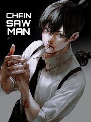 Rule 34 | 1boy, black hair, black neckwear, black pants, black suit, blood, blood on clothes, blood on face, blood on hands, blouse, brown eyes, business suit, chainsaw man, cigarette, earrings, formal, hair between eyes, hayakawa aki, highres, jewelry, k041800, katana, looking at viewer, neckwear request, pants, parted lips, sheath, sheathed, shirt, sleeves rolled up, solo, standing, stud earrings, suit, suspenders, sword, topknot, veins, veiny arms, weapon, white shirt