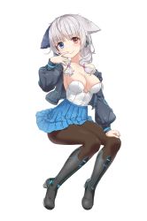 Rule 34 | &gt;:), 1girl, absurdres, animal ears, bare shoulders, black footwear, black jacket, black pantyhose, blue eyes, blue skirt, boots, breasts, bustier, cat ears, cropped jacket, full body, heterochromia, highres, invisible chair, jacket, large breasts, long hair, long sleeves, low twintails, miniskirt, multicolored hair, open clothes, open jacket, original, pantyhose, pleated skirt, red eyes, shirt, silver hair, simple background, sitting, skirt, solo, strapless, twintails, two-tone hair, wet.elephant, white background, white shirt