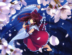 Rule 34 | 1girl, absurdres, barefoot, blurry, bow, cherry blossoms, crease, depth of field, detached sleeves, female focus, flower, gohei, hakurei reimu, highres, japanese clothes, looking up, miko, misaki kurehito, ripples, scan, solo, team shanghai alice, touhou, walking, walking on liquid, water