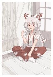 Rule 34 | 1girl, bow, breasts, chinese commentary, cleavage, commentary request, fengzhong yuntuan, fujiwara no mokou, hair bow, highres, long hair, looking at viewer, ofuda, open mouth, pants, pointing, pointing at self, red bow, red eyes, red pants, shirt, short sleeves, sitting, small breasts, socks, solo, suspenders, touhou, very long hair, white bow, white hair, white shirt, white socks, window