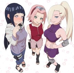 3girls 5_nan_(5nan_5nan) black_hair blonde_hair blue_eyes blush breasts commentary_request crop_top fishnets forehead_protector frown green_eyes hair_over_one_eye hairband hand_on_own_hip haruno_sakura heart heart_background hime_cut hyuuga_hinata konohagakure_symbol large_breasts long_hair medium_breasts medium_hair midriff miniskirt multiple_girls naruto_(series) naruto_shippuuden navel open_mouth pink_hair ponytail pouch purple_eyes sandals short_shorts shorts skirt smile toeless_footwear yamanaka_ino