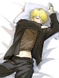 1boy 49neb atou_haruki black_jacket black_pants blonde_hair brown_sweater chinese_commentary commentary_request highres jacket long_sleeves lying male_focus navel on_back on_bed one_eye_closed open_clothes open_jacket pants red_eyes ribbed_sweater saibou_shinkyoku short_hair solo squeans sweater