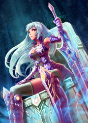 Rule 34 | 1girl, aqua hair, black thighhighs, blue hair, boots, breasts, cleavage, closed mouth, gauntlets, green hair, hair ornament, haoni, holding, holding sword, holding weapon, kaku-san-sei million arthur, long hair, looking at viewer, medium breasts, million arthur (series), red eyes, sitting, solo, sword, thighhighs, throne, very long hair, weapon