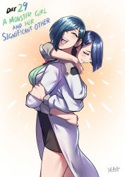 Rule 34 | 1girl, black hair, black neckwear, black skirt, blush, breasts, collar, commentary, conjoined, crossed arms, english commentary, english text, extra arms, closed eyes, green hair, hair ornament, hair over one eye, hairclip, highres, hug, lab coat, long sleeves, medium breasts, multiple heads, necktie, one eye covered, open mouth, original, red neckwear, ribbed sweater, ryuusei (mark ii), skirt, sleeves rolled up, smile, sweater
