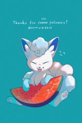 Rule 34 | :3, ^ ^, alolan form, alolan vulpix, animal focus, artist name, blue background, blue hair, blue theme, blush, closed eyes, closed mouth, creatures (company), emoticon, food, food bite, food on face, fruit, game freak, gen 7 pokemon, happy, highres, light blush, milestone celebration, nintendo, no humans, notice lines, pawpads, pokemon, pokemon (creature), short hair, signature, simple background, sitting, smile, solo, spread legs, straight-on, thank you, tongue, tongue out, twitter username, watermelon, watermelon seeds, watermelon slice, wulie errr