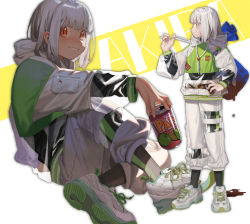 Rule 34 | ambiguous gender, badge, bag, belt, black legwear, blood, button badge, can, character name, drink can, dripping, grey hair, hand on own hip, highres, hood, hood down, ka 4maki, long sleeves, multiple views, original, pocket, red eyes, see-through, shoes, sitting, smile, sneakers, soda can, white background, white footwear, zipper