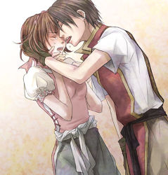 Rule 34 | 1boy, 1girl, black hair, brown hair, couple, earrings, closed eyes, gensou suikoden, gensou suikoden i, gensou suikoden ii, gloves, hand on another&#039;s face, hetero, jewelry, licking, nanami (suikoden), pants, puffy sleeves, sad, sgn, shirt, short hair, tears, tir mcdohl, tongue