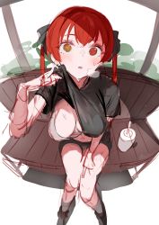 Rule 34 | 1girl, absurdres, black shirt, black shorts, clothes lift, heavy breathing, heterochromia, highres, hololive, houshou marine, looking at viewer, pomesaurus, red hair, shirt, shirt lift, shorts, sitting, solo, unfinished, virtual youtuber