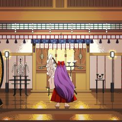 Rule 34 | 1girl, barefoot, bow, candlestand, from behind, gohei, hair bow, hakurei reimu, hakurei reimu (pc-98), holding, holding staff, indoors, interior, kaigen 1025, long hair, long skirt, oonusa, purple hair, red bow, red skirt, shide, shrine, skirt, solo, staff, standing, style request, touhou, touhou (pc-98), very long hair, wooden floor