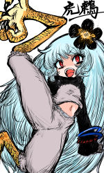 Rule 34 | 1girl, absurdres, bird legs, black flower, blue hair, bracelet, commentary request, flower, hair flower, hair ornament, harpy, highres, jewelry, long hair, monster girl, navel, olsa (oftintys), open mouth, original, pants, red eyes, simple background, talons, toratsugumi, translation request, very long hair, white background