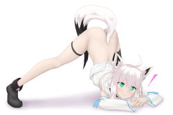 Rule 34 | 1girl, animal ear fluff, animal ears, antenna hair, arm rest, ass, between legs, blush, breasts, closed mouth, flexible, fox ears, fox girl, fox tail, full body, green eyes, hair between eyes, hands on ground, highres, hololive, jack-o&#039; challenge, kishimakai, no pants, shirakami fubuki, shirakami fubuki (1st costume), shirt, short hair, simple background, smile, solo, spread legs, tail, top-down bottom-up, virtual youtuber, white background, white hair, wide spread legs
