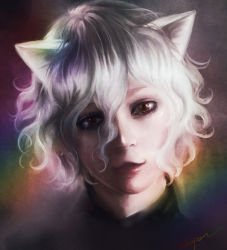 Rule 34 | 1girl, androgynous, animal ears, brown eyes, cat ears, crying, curly hair, hunter x hunter, neferpitou, other focus, photorealistic, pooton0828, realistic, short hair, signature, silver hair, solo, tears, upper body