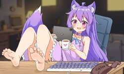 Rule 34 | 1girl, absurdres, animal ears, barefoot, blush, coffee mug, cup, feet, feet on table, garden and lamb, highres, keyboard (computer), long hair, looking at viewer, mug, open mouth, original, pink eyes, purple hair, soles, tablet pc, tail, toes