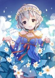 Rule 34 | 1girl, bare shoulders, blue dress, blue sky, blush, breasts, brown eyes, cloud, cloudy sky, collarbone, commentary request, dated, day, dress, flower, flower wreath, grey hair, hair between eyes, hands up, happy birthday, head tilt, head wreath, highres, idolmaster, idolmaster cinderella girls, idolmaster cinderella girls starlight stage, long sleeves, mole, mole under eye, narumiya yume, open mouth, outdoors, risui (suzu rks), round teeth, skirt hold, sky, small breasts, solo, teeth, upper teeth only, white flower, wide sleeves