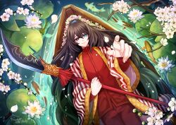 1boy arm_up black_eyes blue_eyes closed_mouth coat e.g.o_(project_moon) flower gredell_elle guan_dao heterochromia high_ponytail highres holding holding_polearm holding_weapon hong_lu_(project_moon) limbus_company long_hair looking_at_viewer lotus lotus_leaf lying on_back pants polearm project_moon red_pants red_shirt shirt sidelocks smile solo striped_coat very_long_hair weapon white_flower