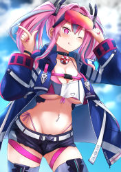 Rule 34 | 1girl, ;q, adjusting eyewear, amano kusatsu, azur lane, belt, bikini, bikini under clothes, black choker, black shorts, blue jacket, blue sky, blue thighhighs, blurry, blurry background, blush, breasts, bremerton (azur lane), buckle, character name, choker, cleavage, cloud, cloudy sky, collarbone, commentary request, cowboy shot, crop top, crop top overhang, cutoffs, day, ear piercing, eyewear on head, front-tie bikini top, front-tie top, grey belt, grey hair, groin, hair between eyes, hair intakes, hair ornament, hands up, highleg, highleg bikini, highres, index finger raised, jacket, large breasts, lifebuoy, long hair, long sleeves, looking at viewer, midriff, mole, mole on breast, mole under eye, multicolored hair, nail polish, navel, navel piercing, one eye closed, open clothes, open jacket, piercing, pink bikini, pink eyes, pink hair, pink nails, red-tinted eyewear, shirt, short shorts, shorts, side-tie bikini bottom, sidelocks, sky, smile, snap-fit buckle, solo, standing, streaked hair, sunglasses, sunglasses on head, swim ring, swimsuit, thigh strap, thighhighs, tinted eyewear, tongue, tongue out, twintails, two-tone hair, two-tone legwear, two-tone shirt, underboob