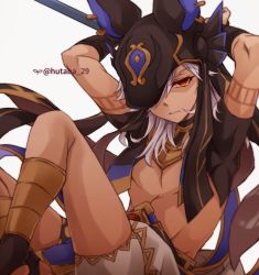 Rule 34 | 1boy, animal ears, animal hat, arabian clothes, arms behind head, arms up, artist name, black hat, bridal gauntlets, clenched teeth, cyno (genshin impact), dark-skinned male, dark skin, ear piercing, eyelashes, feet out of frame, genshin impact, hair over one eye, hat, hutaba 29, jackal ears, knees up, long hair, looking at viewer, male focus, midriff, one eye covered, parted bangs, parted lips, piercing, red eyes, shaded face, sidelocks, sitting, solo, swept bangs, teeth, twitter username, white background, white hair