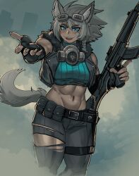 Rule 34 | 1girl, abs, ammunition pouch, animal ears, assault rifle, belt, blue eyes, braid, elbow gloves, ezzydraws, fangs, fingerless gloves, gas mask, gloves, grey hair, gun, highres, knife, looking at viewer, mask, muscular, muscular female, open hand, original, pouch, rifle, sleeveless, sleeveless turtleneck, smile, solo, spiked hair, tail, tank top, thick thighs, thighs, toned, torn clothes, trigger discipline, turtleneck, weapon, wolf girl