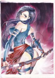 1girl ass bare_shoulders black_hair blue_eyes blue_leotard breasts bridal_gauntlets closed_mouth commentary highleg highleg_leotard highres holding holding_weapon katana leotard long_hair looking_at_viewer looking_back marvel medium_breasts psylocke rodrigo_yoshimiya sheath simple_background sleeveless solo sword thighs weapon x-men