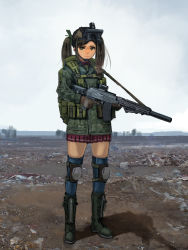 Rule 34 | 1girl, ammunition pouch, assault rifle, backpack, bad id, bad pixiv id, bag, blurry, boots, brown eyes, brown hair, cross-laced footwear, day, depth of field, desert, furukawa herzer, gloves, goggles, goggles on head, gun, gun sling, hair ribbon, highres, holding, holding gun, holding weapon, horizon, knee pads, lace-up boots, load bearing equipment, looking at viewer, matching hair/eyes, military, original, pleated skirt, pouch, ribbon, rifle, serious, shadow, sketch, skirt, sky, solo, thighhighs, trigger discipline, twintails, weapon