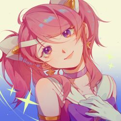 Rule 34 | 1girl, absurdres, artist name, bare shoulders, blush, earrings, gradient background, hair ornament, hand on own chest, head tilt, highres, jewelry, league of legends, looking at viewer, lux (league of legends), parted bangs, pink hair, portrait, purple eyes, ruan chen yue, sailor collar, short twintails, sidelocks, smile, solo, sparkle, star guardian (league of legends), star guardian lux, twintails, white sailor collar