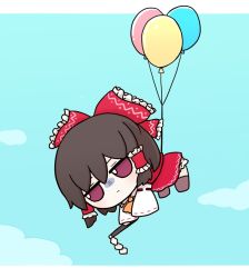 Rule 34 | 1girl, ascot, balloon, bloomers, blue sky, bow, brown eyes, brown footwear, brown hair, character doll, cloud, collar, detached sleeves, doll, floating, frilled hair tubes, frills, fumo (doll), gohei, hair bow, hair tubes, hakurei reimu, medium hair, nontraditional miko, red bow, red eyes, red shirt, red skirt, rei (tonbo0430), ribbon-trimmed sleeves, ribbon trim, shirt, sidelocks, skirt, skirt set, sky, sleeveless, solo, touhou, underwear, white collar, yellow ascot