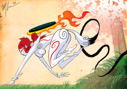 Rule 34 | 1girl, all fours, amaterasu (ookami), breasts, colored skin, facial mark, marques cannon, medium breasts, nude, ookami (game), paintbrush, personification, red hair, reflector, solo, tail, white skin