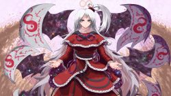 Rule 34 | 1girl, absurdres, black ribbon, breasts, capelet, commentary, constellation, demon wings, dress, english commentary, grey eyes, grey hair, hair bobbles, hair ornament, highres, layered dress, long hair, long sleeves, looking at viewer, medium breasts, multiple wings, neck ribbon, nukekip, parted lips, pixel art, purple ribbon, red capelet, red dress, ribbon, shinki (touhou), side ponytail, solo, touhou, touhou (pc-98), very long hair, wide sleeves, wings