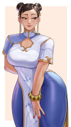 Rule 34 | 1girl, artist name, black hair, blue pants, breasts, capcom, chinese clothes, chun-li, cleavage, cleavage cutout, clothing cutout, contrapposto, cowboy shot, dress, earrings, gud0c, hair bun, hair ribbon, highres, jewelry, large breasts, looking to the side, pants, puffy short sleeves, puffy sleeves, purple nails, ribbon, short sleeves, solo, street fighter, street fighter 6, thick thighs, thighs, white dress